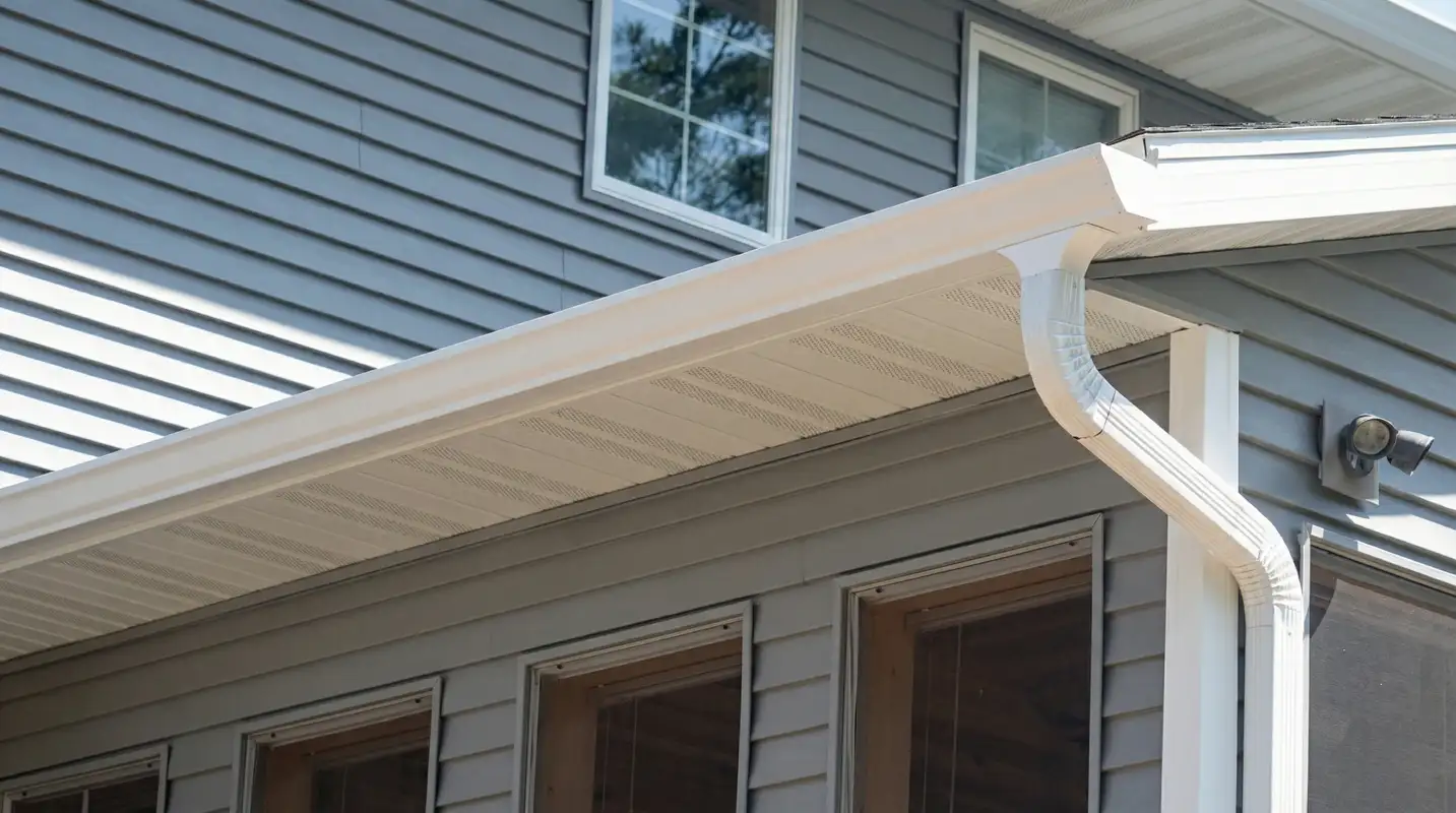 Professional home remodeling project showing newly installed white seamless gutters and downspouts on a house with gray siding in Minneapolis, MN