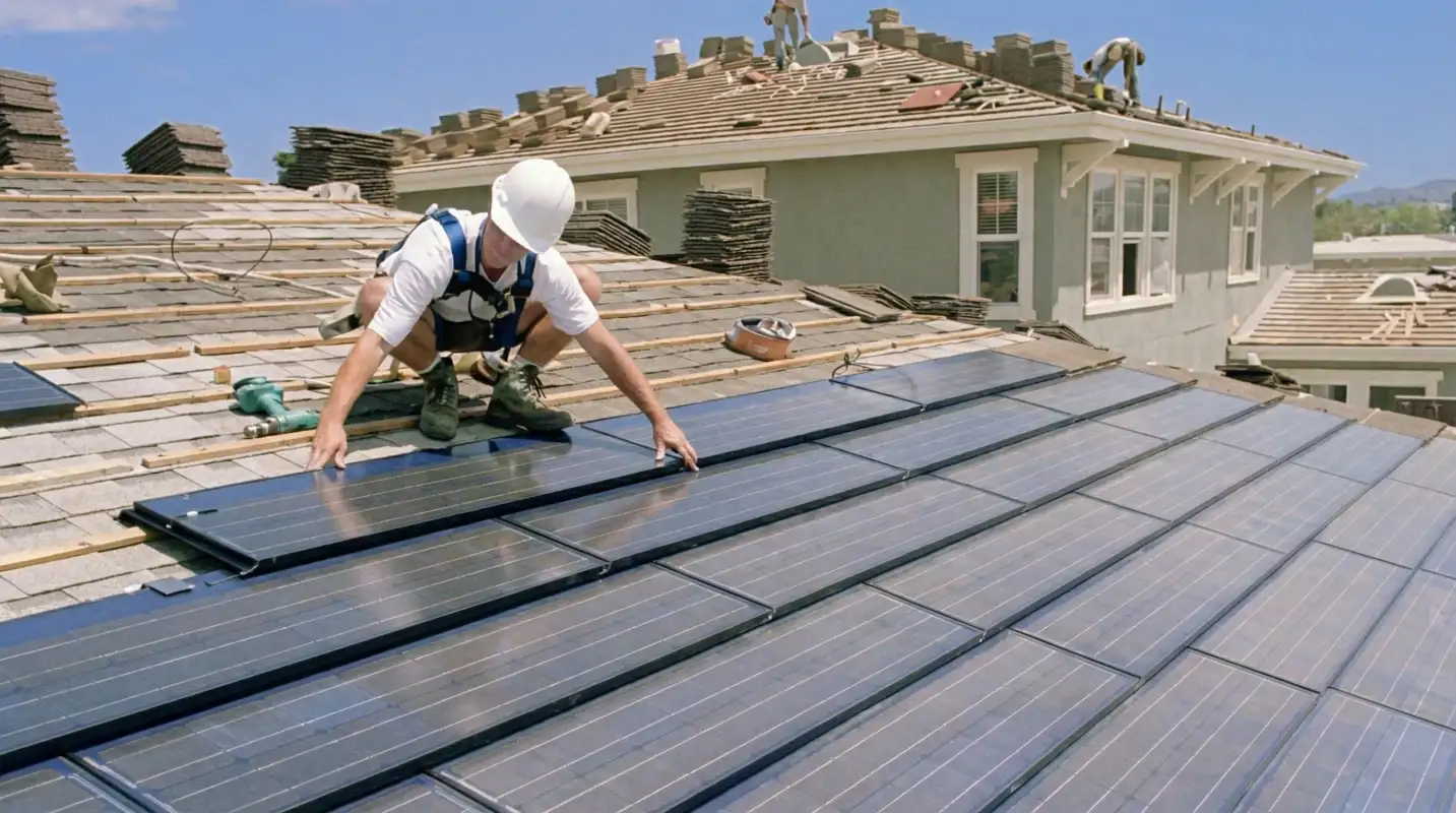 Roof replacement expert installing modern solar shingles on a residential home in Minneapolis, MN