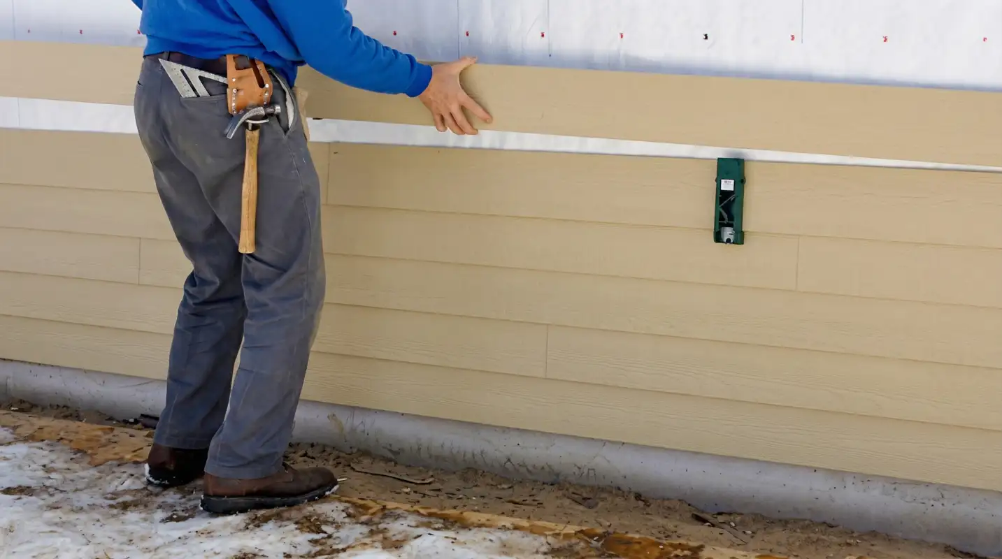 Siding replacement expert carefully aligning a new tan siding panel onto a residential exterior wall in Minneapolis, MN
