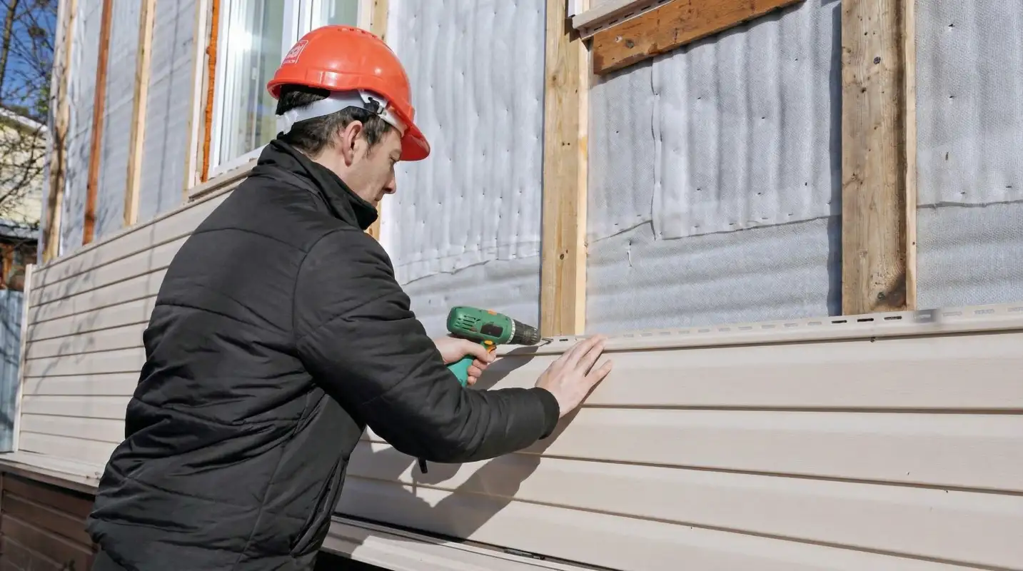 Siding replacement professional using a power drill to install new tan vinyl siding on a home exterior in Minneapolis, MN