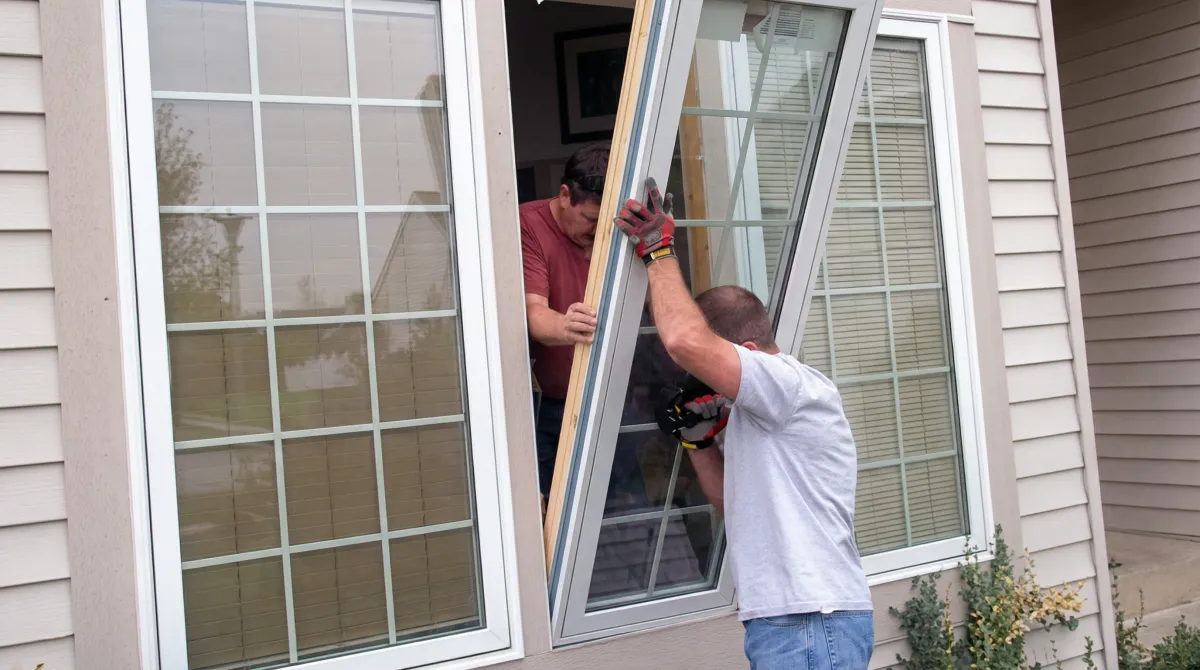 Professional home remodeling team installing a large replacement window on a house with tan siding in Minneapolis, MN