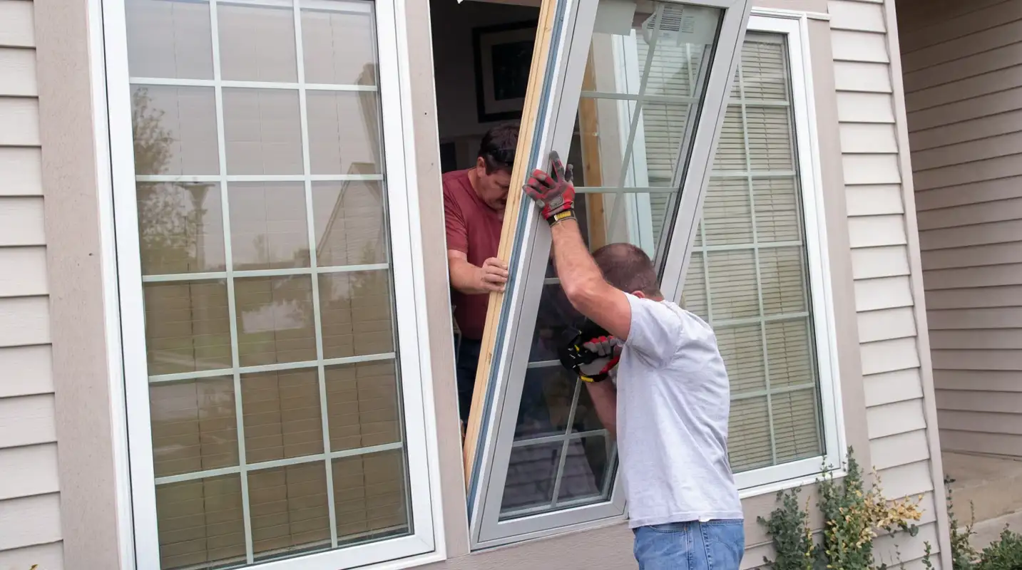 Professional home remodeling team installing a large replacement window on a house with tan siding in Minneapolis, MN